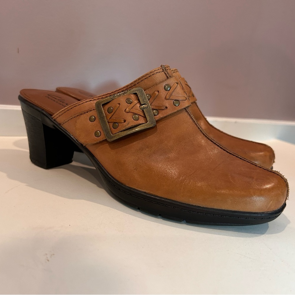 Clarks Bendables Tan Leather Mirabelle Mules Size 8.5